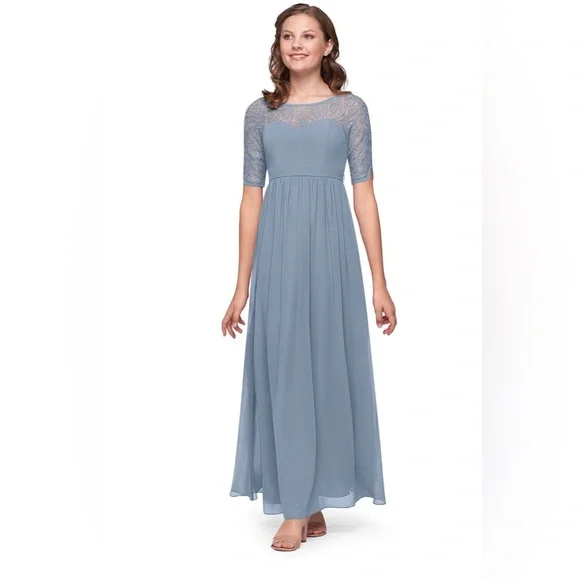 A-Line Lace Chiffon Floor-Length Junior - Nwot Bridesmaid Dress Dusty Blue | Color: Blue | Size: 10-12 (Girls) | Hmdmed's Closet